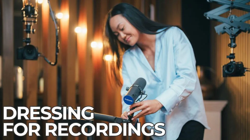 Video podcast outfit example, a host in a solid sky bluee top recording at Podwave Studios West Leederville
